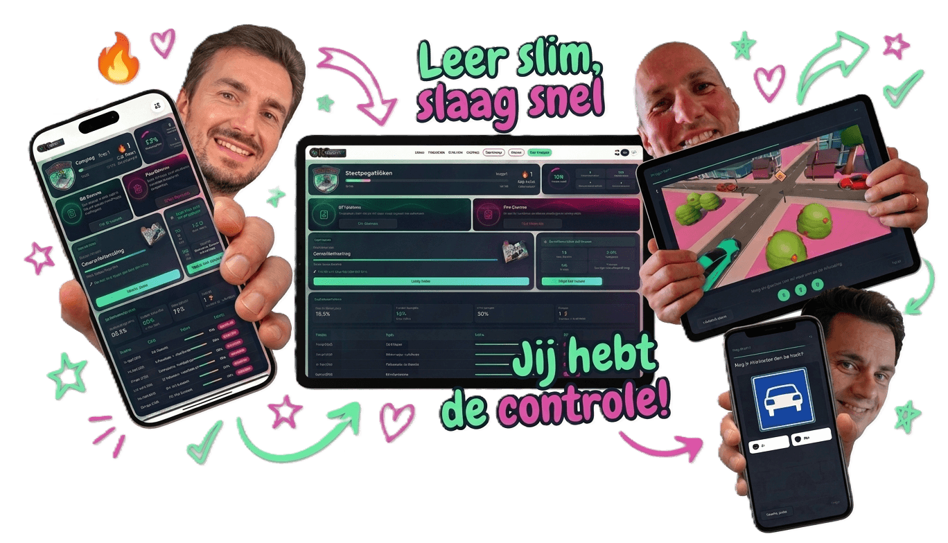 TheorieOK app collage: exam interface and users celebrating success